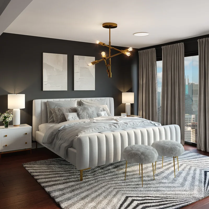 Dormitorio contemporáneo con textiles claros y luz natural