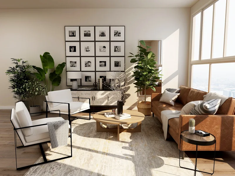 Salón con muebles de madera natural y plantas